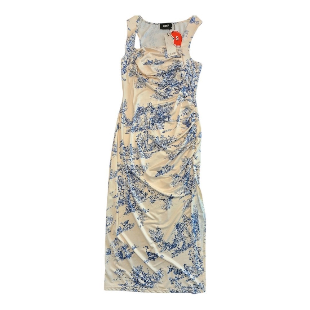NWT Cider Sleeveless Sheath Dress Blue White‎ Maxi Medium Slit Peasant Ruched